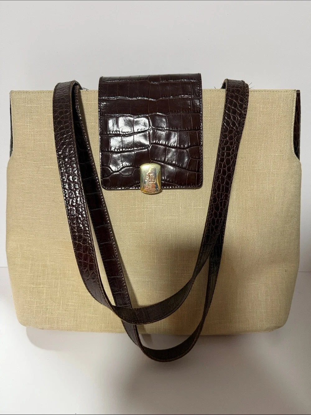 Ralph Lauren Beige Canvas Shoulder Bag with Dark Brown Croc-Embossed Trim